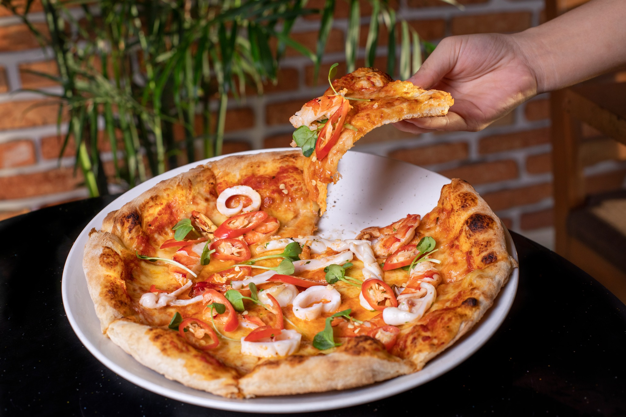 A savory seafood pizza